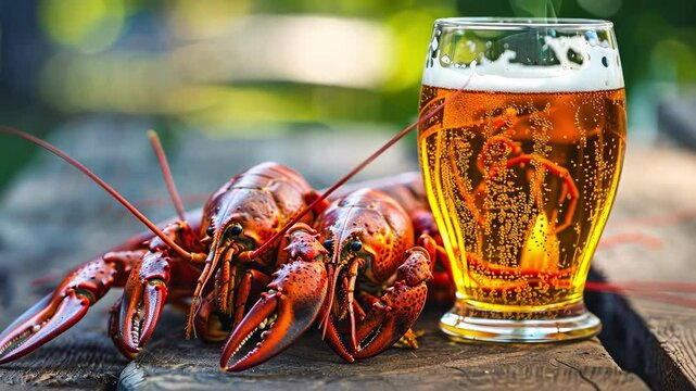 beer and crayfish on the table close-up