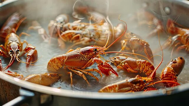 crayfish are cooked in a pot