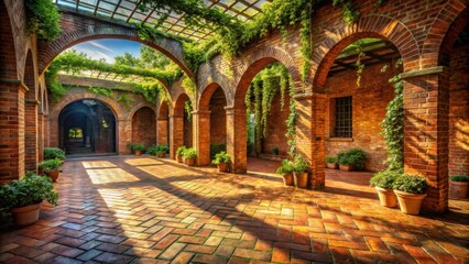 Obraz premium Sunlit Brick Courtyard with Verdant Vines and Potted Plants