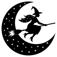 Classic Halloween silhouette of witch on broomstick. Perfect for spooky posters and digital art.