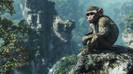 Obraz premium young monkey sitting on rock misty mountain landscape