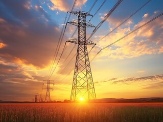 Sunset Power Lines Field