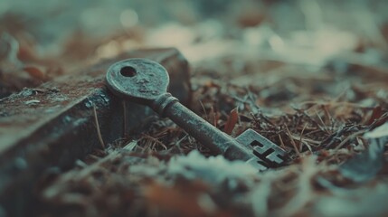 A rusted key lies forgotten on earthy ground, surrounded by dry leaves, evoking secrets of the past and untold stories waiting to be unlocked.