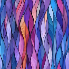 A vibrant seamless pattern featu abstract stained glass window designs with flowing wave-like shapes in shades of purple, blue, pink, and orange creating a beautiful textured