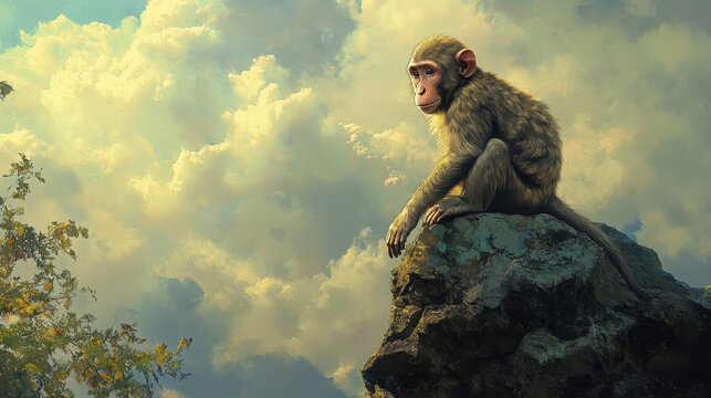 contemplative monkey on a rock cliff