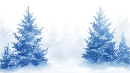 Fototapeta premium Watercolor painting of blue evergreen trees in a snowy winter landscape.