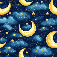 A captivating seamless pattern featu a starry night sky with crescent moons, fluffy clouds, and glitte golden stars perfect for wallpaper or textile design projects.