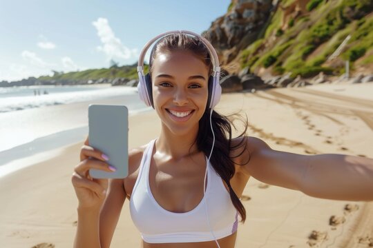 Young woman taking a selfie while on the run on the beach