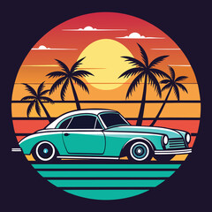 Retro Teal Car Silhouette with Palm Trees and Sunset Circle on Dark Background