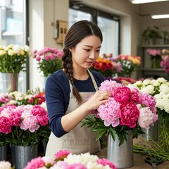 a young asian woman working in a florist shop. She is wearing a blue apron and is arranging a bouquet of colorful flowers. The shop is filled with various flowers and plants.