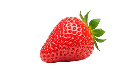 Freshly picked strawberry with vibrant red color and green leaves on a black background