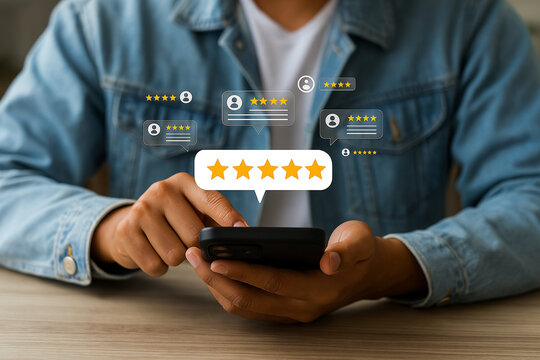 Person Reading Positive Customer Reviews on Smartphone Excellent Feedback Five Star Rating Mobile App User Experience Digital Technology Online Reputation Management Business Success Modern Lifestyle 