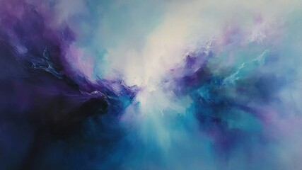 An ethereal abstract painting of swirling blues, purples, and white hues.