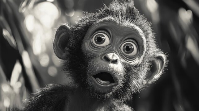adorable baby monkey close up black and white portrait