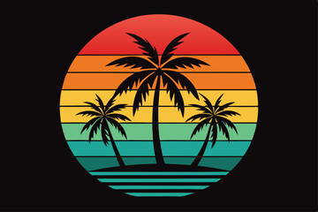 Retro Palm Trees Silhouette with Sunset Striped Circle 