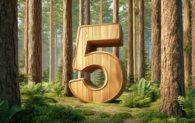 Wooden textured number 5 sitting between tall pine trees, deep forest background