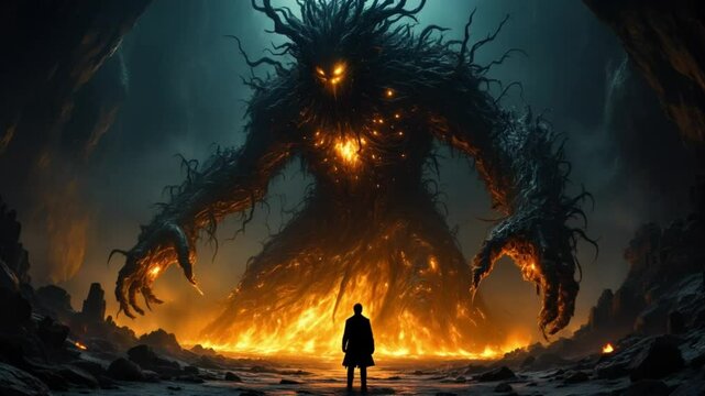 fire in the night monster dryad in war last time, ai generative