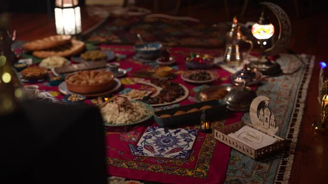 Ramadan Iftar Table Background Video, Muslim Family Having Dinner At Home, Iftar Table Turkish Traditional Food, Ramadan Background, Eid Mubarak Concept Video, Uskudar Istanbul, Turkiye (Turkey) 