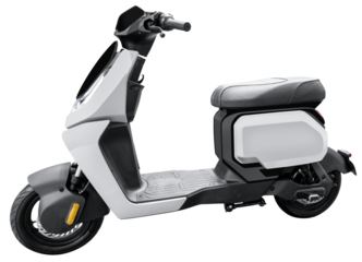 Side view white electric motorcycle