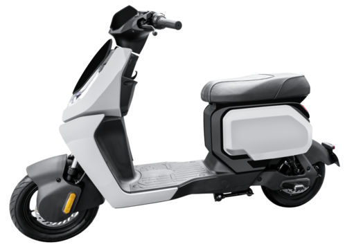 Side view white electric motorcycle