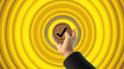 Animated hand holds a wooden token with check mark symbol