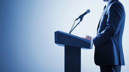 Conference speaker standing at a podium with a microphone and presentation slides.