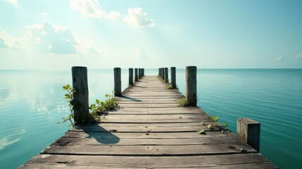 Fototapeta premium Serene Wooden Dock Extending into Tranquil Azure Waters Under a Bright Sky