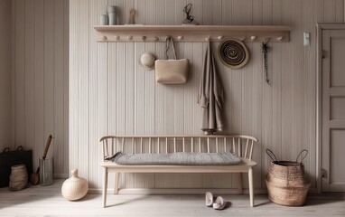 Scandinavian entryway with bench seat, peg rail wall, minimal decor, pale wood tones, soft natural shadows