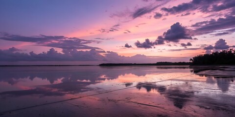 Fototapeta premium Twilight sky and water reflections create a serene landscape at dusk twilight, sky, reflection, wet, surfaces, dusk, water, serene, landscape, clouds, evening,