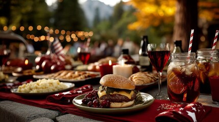Delicious Gourmet Burger Feast at a Scenic Outdoor Gathering Food Photography Fall Environment Close-Up View Culinary Concept