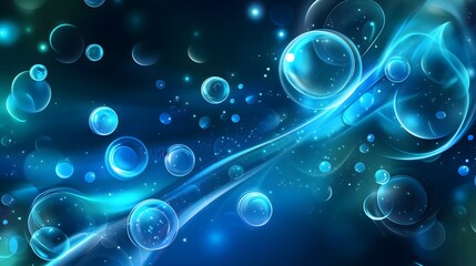 A vibrant display of translucent blue bubbles and flowing lines in a dark background.