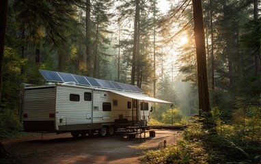 Naklejka premium Solar panels on an RV parked in a forest, camping scene, warm ambient light, nature harmony, stock photo perfection