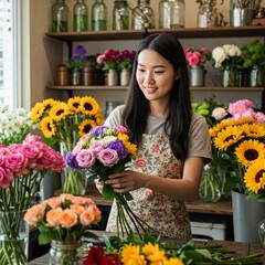 a young asian woman working in a florist shop. She is wearing a blue apron and is arranging a bouquet of colorful flowers. The shop is filled with various flowers and plants.