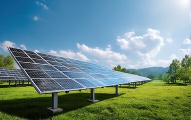 Solar panels on a green meadow under clear blue sky, sustainable renewable energy background