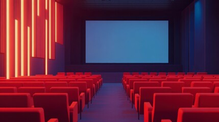 Fototapeta premium Empty red seats in a modern movie theater with a large blank screen and neon lighting.