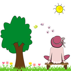 Mujer con sombrero sentada en un banco.