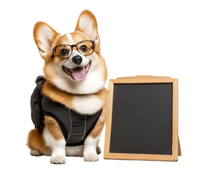 Corgi with Empty Sign - Funny and adorable corgi illustration with a blank wooden board. Suitable for text overlay, advertisements, or creative projects. Transparent PNG.