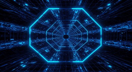 Obraz premium Futuristic Technology Tunnel with Octagon Shaped Neon Lights Glowing in a Dark Abstract Interior, Creating a Science Fiction Ambiance and Leading to an Unknown Destination
