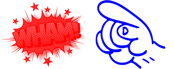 Cartoon Hand with 'WHAM!' text- Red and Blue Color Pop Art Style Icon Isolated on Transparent or...