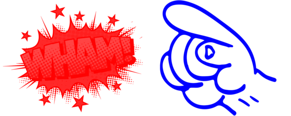 Cartoon Hand with 'WHAM!' text- Red and Blue Color Pop Art Style Icon Isolated on Transparent or White Background for Stickers, Comics, and Graphic Designs