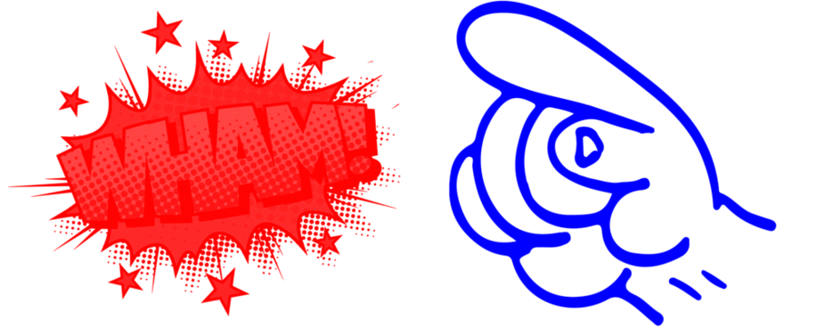 Cartoon Hand with 'WHAM!' text- Red and Blue Color Pop Art Style Icon Isolated on Transparent or White Background for Stickers, Comics, and Graphic Designs