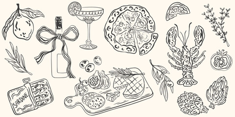 Hand drawn chalk food illustrations set. Drawings of wine, lobster, charcuterie, pizza, cheese, for wedding invitations, cafe menus and parties. La dolce vita italian sketch style. Vector ink drawing