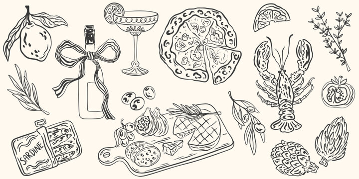 Hand drawn chalk food illustrations set. Drawings of wine, lobster, charcuterie, pizza, cheese, for wedding invitations, cafe menus and parties. La dolce vita italian sketch style. Vector ink drawing