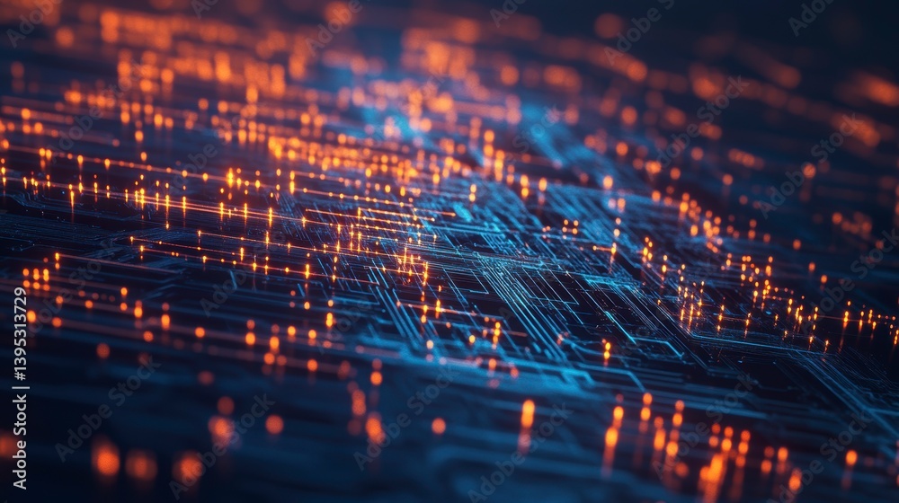 Aufkleber Abstract digital circuit board with glowing nodes and lines.
