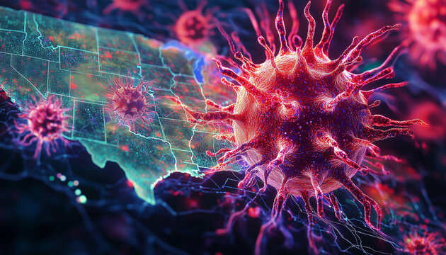 close-up of virus over partial map of usa