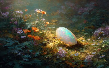 A glowing opal resting on a bed of wildflowers in a sunlit meadow