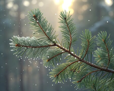 Realistic pine branch with needles showcasing a winter wonderland aesthetic at dawn pine, branch, needles, winter, dawn, forest, nature, sunlight, tranquil, green, moisture