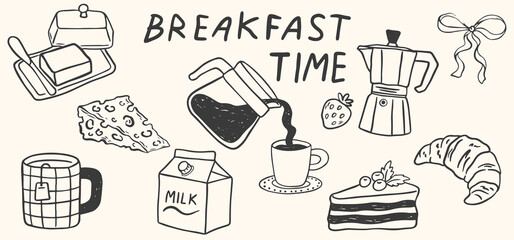 Hand drawn breakfast chalk vector illustrations. Coffee, croissant, cheese and bread drawings for invitations, menus and parties. La dolce vita italian style. Minimalist line art.