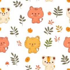 Adorable cartoon lion cubs and autumn leaves create a charming seamless pattern perfect for wallpaper, textile prints, or delightful children's products showcasing a whical