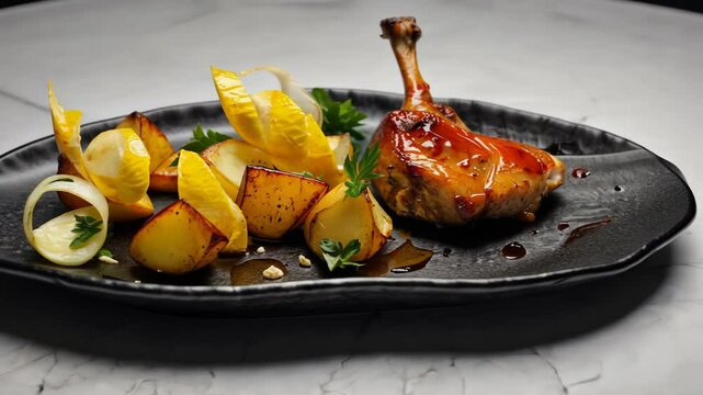 Roasted chicken leg with golden potatoes, yellow endive and parsley on a dark stylish plate against a marble background. Gourmet cuisine.